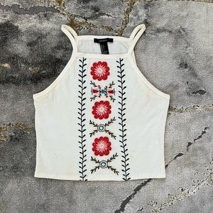 Forever 21 white halter neck crop top with flowers & vines 🌺